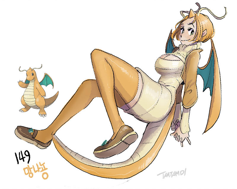 antennae breasts brown_footwear cleavage creatures_(company) dragon_wings dragonite game_freak gen_1_pokemon hands_clasped horn large_breasts nintendo orange_hair own_hands_together personification pointy_ears pokemon smile tail tamtamdi thick_thighs thighhighs thighs wings