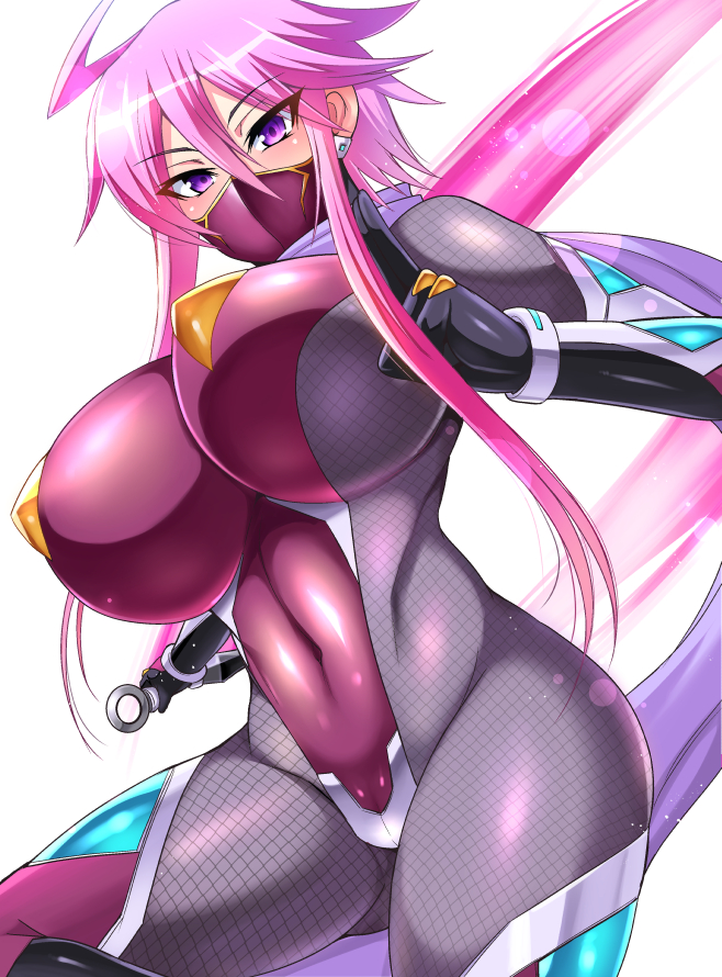 1girl ahoge bodysuit breasts cleavage covered_navel earrings elbow_gloves fishnet_bodysuit fishnets gloves hand_gesture holding holding_weapon jewelry kunai large_breasts looking_at_viewer megane_man ninja ninja_mask original pink_eyes pink_hair short_hair_with_long_locks skin_tight solo thighs weapon white_background
