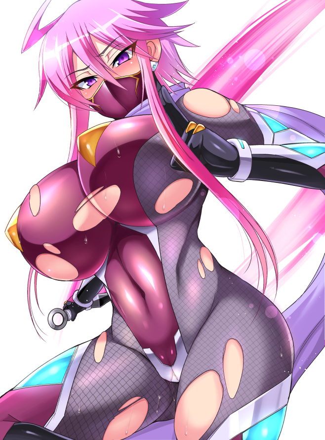 1girl ahoge blush bodysuit breasts cleavage covered_navel earrings elbow_gloves fishnet_bodysuit fishnets gloves hand_gesture holding holding_weapon jewelry kunai large_breasts looking_at_viewer megane_man ninja ninja_mask original pink_eyes pink_hair short_hair_with_long_locks skin_tight solo thighs torn_bodysuit torn_clothes weapon white_background