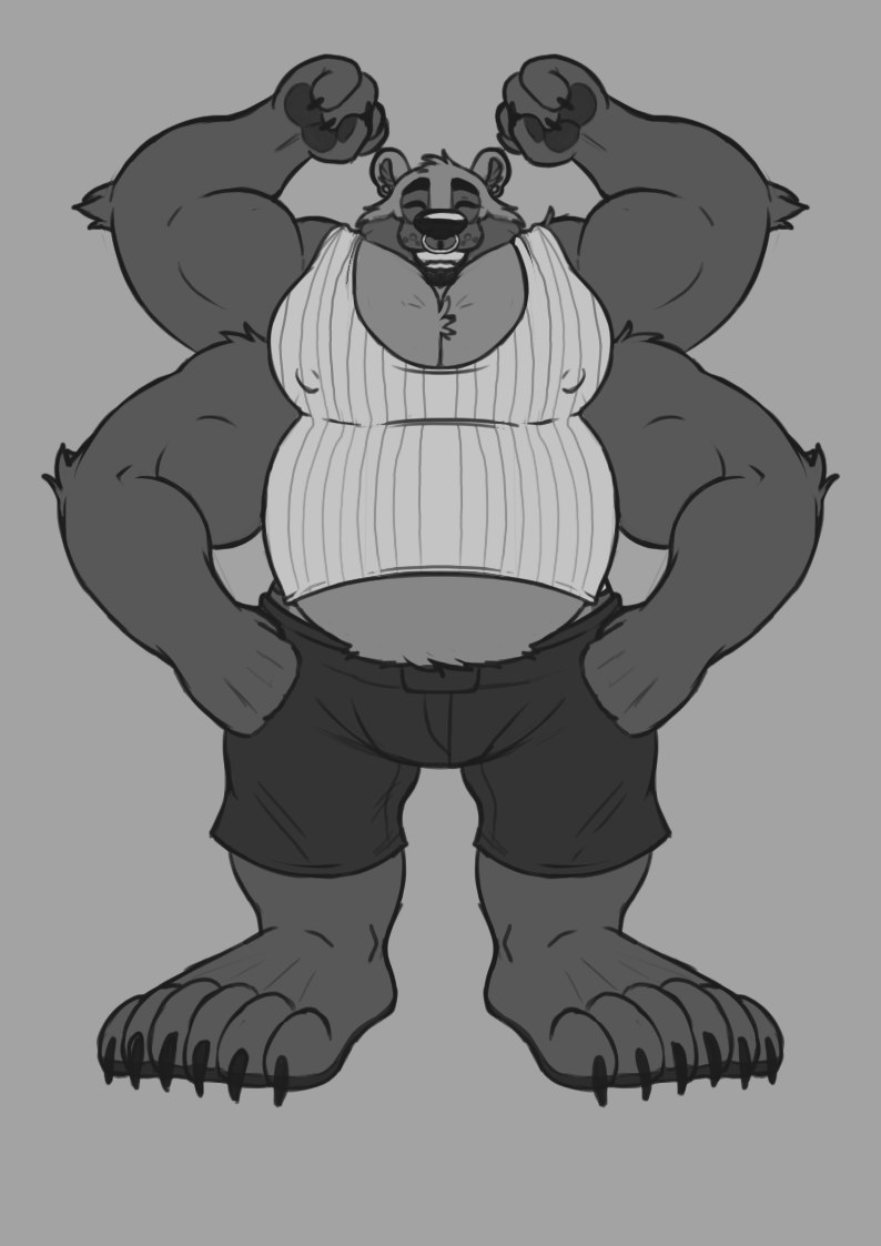 4_arms 6_toes anthro big_pecs bigroodraws clothed clothing greyscale male mammal monochrome multi_arm multi_limb multifur musclegut muscular muscular_male nipple_bulge overweight overweight_male pecs shorts smile solo ursine wolfang_blitz