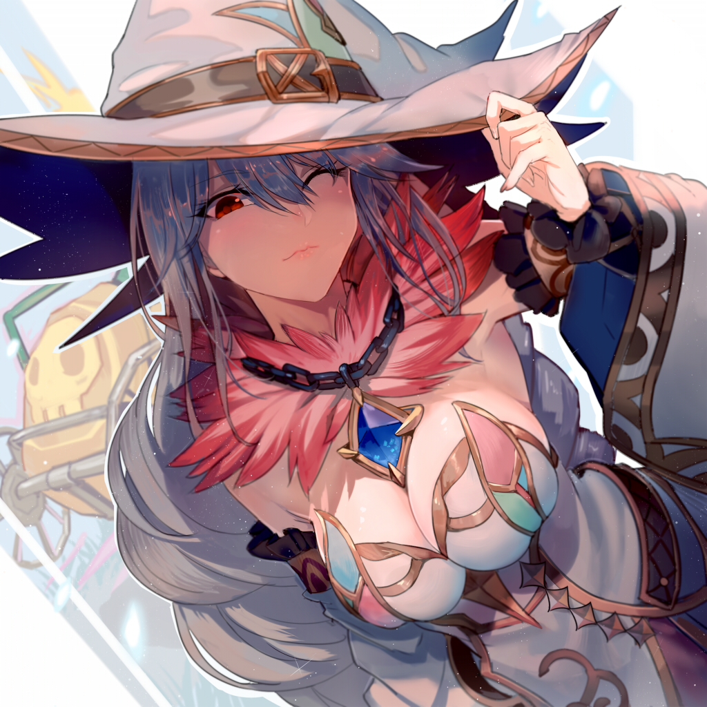 1girl bangs blue_hair blurry blurry_background breasts chains character_request cleavage closed_mouth commentary_request detached_sleeves dress dutch_angle from_above fur_collar grimms_echoes hair_between_eyes hat jewelry large_breasts long_hair one_eye_closed pendant red_eyes solo walzrj white_dress witch_hat