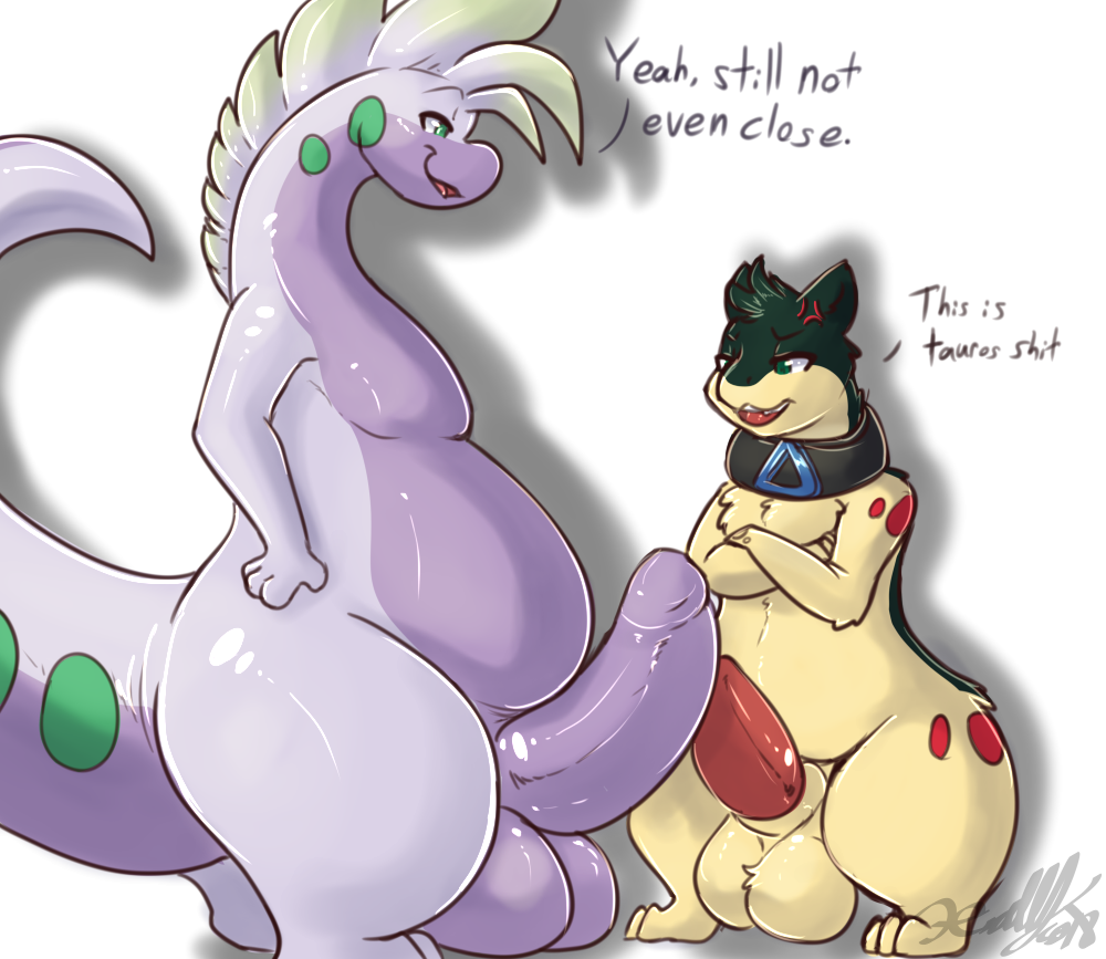 anthro balls big_balls big_penis collar comparing comparing_penis crossed_arms dialogue duo english_text erection goodra humanoid_penis male nintendo open_mouth overweight overweight_male penis penis_envy pok&eacute;mon pok&eacute;mon_(species) smile text typhlosion video_games xilrayne