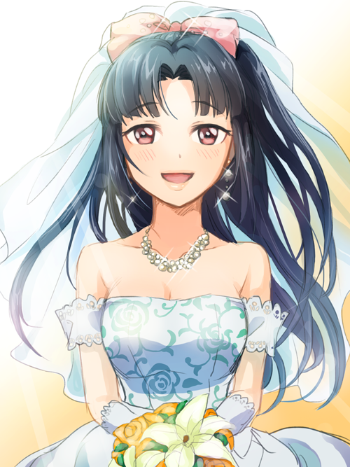 1girl :d bare_shoulders black_hair bouquet bow breasts bridal_veil cleavage collarbone dress earrings eyebrows_visible_through_hair flower glint hair_intakes holding holding_bouquet idolmaster idolmaster_cinderella_girls jewelry kakitsubata_zero looking_at_viewer medium_breasts mizuno_midori necklace open_mouth pink_bow pink_eyes smile solo sparkle strapless strapless_dress upper_body veil wedding_dress white_dress