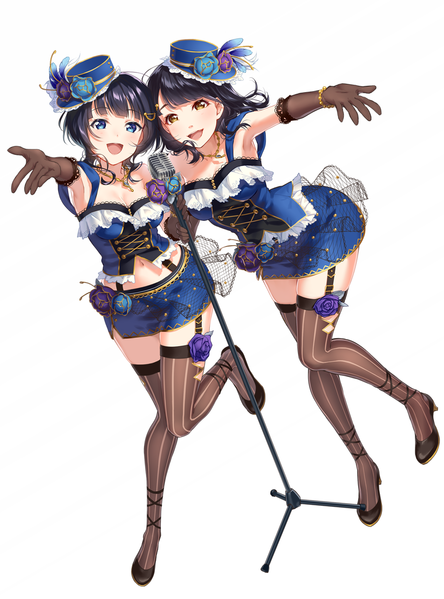 2girls :d armpits asaka_karin bangs black_footwear black_gloves black_hair black_legwear blue_eyes blue_feathers blue_flower blue_headwear blue_shirt blue_skirt breasts brown_eyes cleavage cross-laced_clothes elbow_gloves flower frilled_shirt frills full_body garter_straps gloves hair_ornament hat hat_feather hat_flower high_heels highres jewelry kubota_miyu leg_ribbon long_hair looking_at_viewer love_live! love_live!_school_idol_festival microphone_stand miniskirt multiple_girls navel_cutout necklace open_mouth outstretched_hand perfect_dream_project purple_flower ribbon seiyuu_connection shirt simple_background skirt small_breasts smile standing standing_on_one_leg striped striped_legwear suspenders tomiwo twitter_username vertical-striped_legwear vertical_stripes white_background