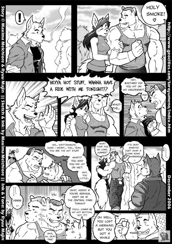 2006 clothed clothing collaboration comic english_text female group male male/male maxima muscular muscular_male ryuu_majin smoking speech_bubble text