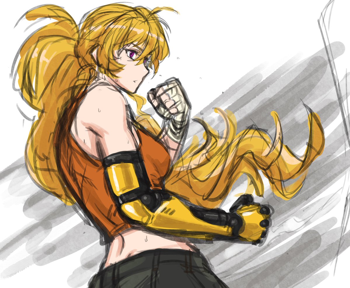 1girl amputee bandage bandaged_hands bandages blonde_hair long_hair ponytail prosthesis prosthetic_arm rwby sweat violet_eyes yang_xiao_long