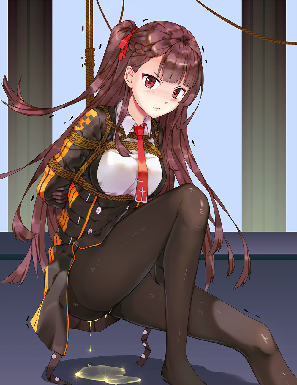 1girl arms_behind_back bangs black_coat black_legwear black_panties blush breasts closed_mouth embarrassed female franksoft3 girls_frontline hair_ribbon highres indoors long_hair long_sleeves looking_at_viewer medium_breasts necktie one_side_up panties panties_under_pantyhose pantyhose peeing peeing_self puddle purple_hair red_eyes red_neckwear red_ribbon ribbon rope shibari shibari_over_clothes shiny shiny_hair shirt solo suspension thighband_pantyhose tied_hair trembling underwear wa2000_(girls_frontline) white_shirt