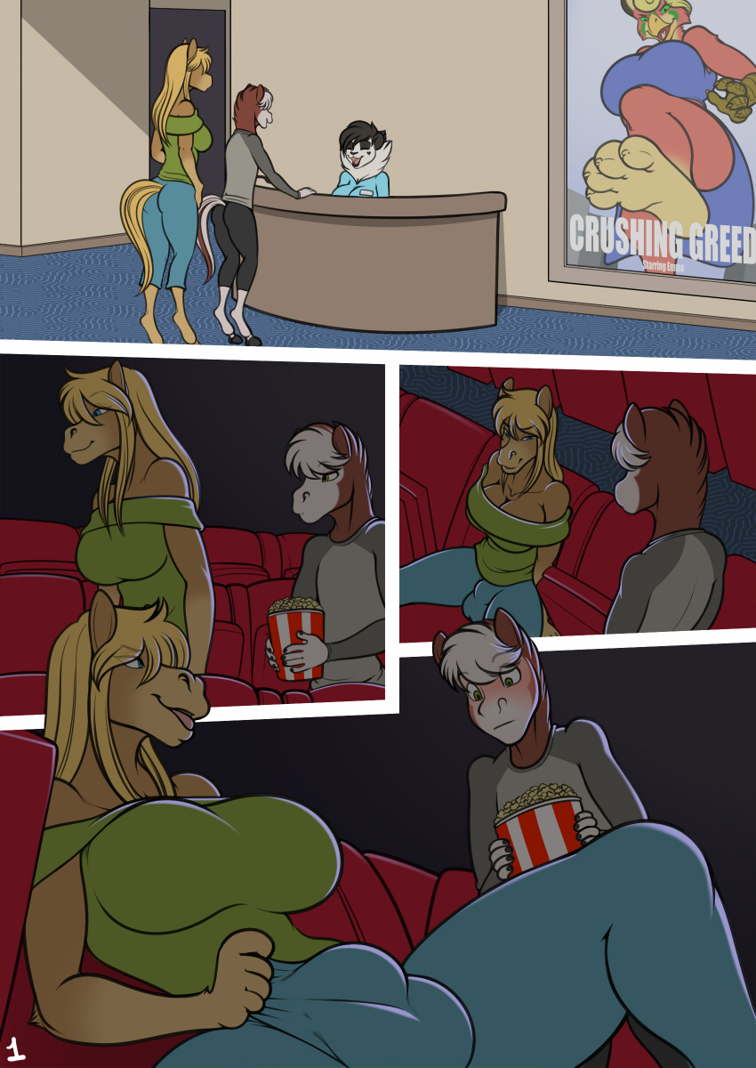 2019 anise anthro blonde_hair blue_eyes breasts bulge clothed clothing comic dickgirl digital_media_(artwork) equid equine food freckles_(artist) freckles_(character) fully_clothed hair hi_res horse inside intersex long_hair male mammal multicolored_hair popcorn sitting theater two_tone_hair