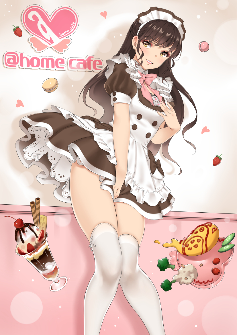 1girl bangs between_legs black_hair copyright_name dress eyebrows_visible_through_hair food fruit hand_between_legs hand_on_own_chest handesu ice_cream long_hair macaron maid maid_headdress name_tag parted_lips petticoat puffy_short_sleeves puffy_sleeves real_life short_dress short_sleeves skirt skirt_tug smile solo strawberry sundae thighhighs waitress white_legwear yellow_eyes