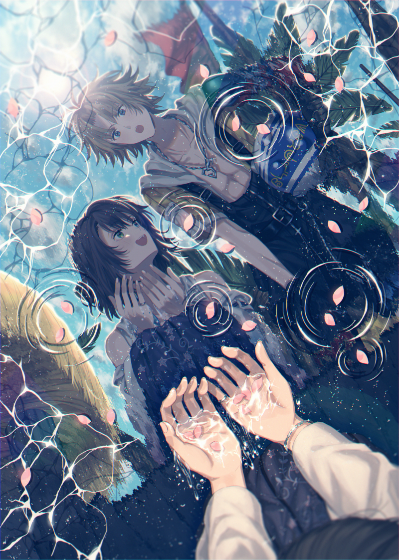 1boy 1girl ball blitzball blonde_hair blue_eyes blue_sky bracelet brown_hair detached_sleeves final_fantasy final_fantasy_x heterochromia hood hood_down humiyooo jewelry looking_at_another open_hands open_mouth overalls palm_tree petals pov reflection ripples short_hair sky smile sunlight tidus tree water yuna