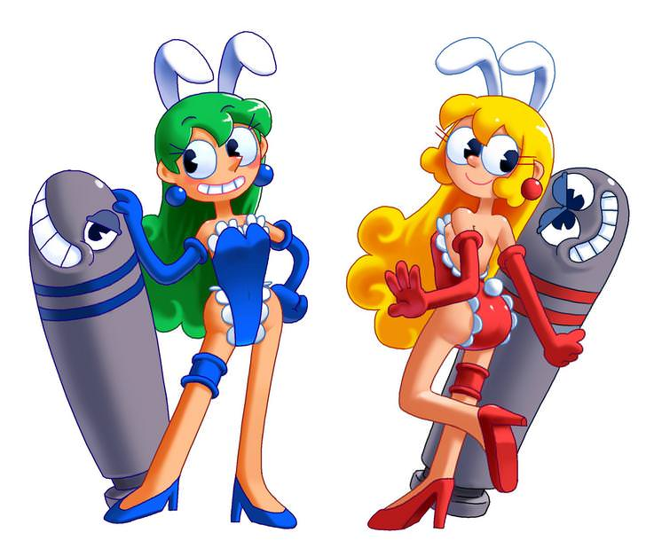 akane_(parodius) art_style_parody big_eyes blonde_hair blush bunny_ears bunnysuit cuphead_(game) earrings female female_focus female_only hand_on_hip heels high_heels hikaru_(parodius) konami leg_band looking_back minus8 missle parodius pose posing smile style_parody teal_hair video_games