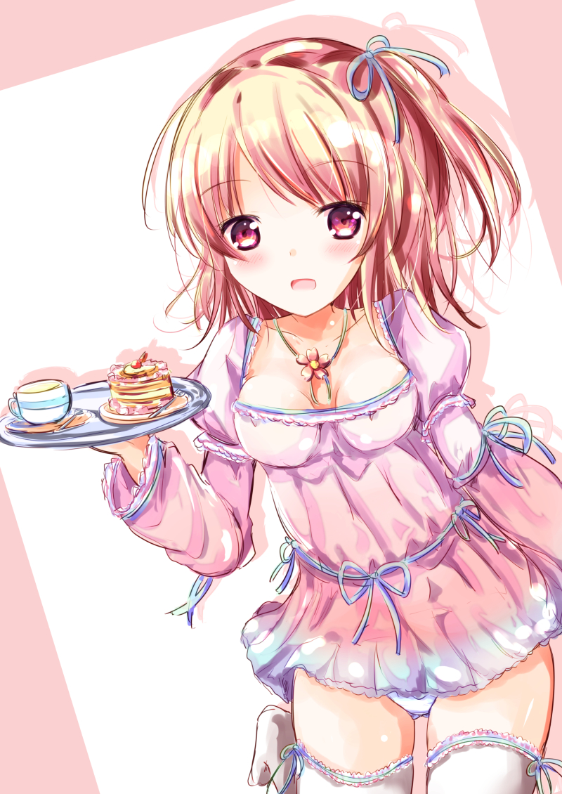 1girl :d blue_panties blue_ribbon blush breasts brown_background brown_hair cake collarbone colored_shadow commentary_request cup dress drop_shadow flower food fork hair_ribbon hand_up holding holding_tray juliet_sleeves long_sleeves medium_breasts no_shoes one_side_up open_mouth original panties pink_dress puffy_sleeves red_eyes red_flower ribbon saucer shadow shihou_haru slice_of_cake smile solo spoon standing standing_on_one_leg teacup thighhighs tray two-tone_background underwear white_background white_legwear