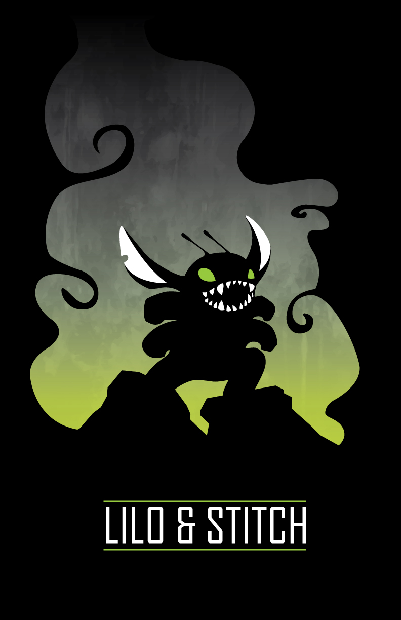 4_arms alien antennae black_background copyright_name digital_media_(artwork) disney empty_eyes experiment_(species) green_eyes hi_res lilo_and_stitch minimalism multi_arm multi_limb notched_ear poster sharp_teeth silhouette simple_background solo stitch sunnsimm teeth