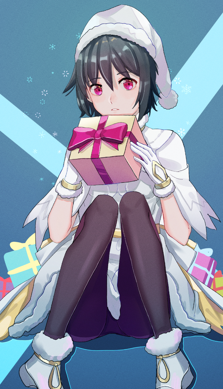 1girl black_hair black_legwear blue_background boots box character_request dress eyebrows_visible_through_hair fate/grand_order fate_(series) fur-trimmed_dress fur-trimmed_gloves fur-trimmed_hat fur_boots fur_trim gift_bag gina_61324 gloves hair_between_eyes hat highres holding holding_box looking_at_viewer pantyhose parted_lips red_eyes santa_costume santa_hat short_dress short_hair short_sleeves sitting solo white_dress white_gloves white_headwear white_santa_costume