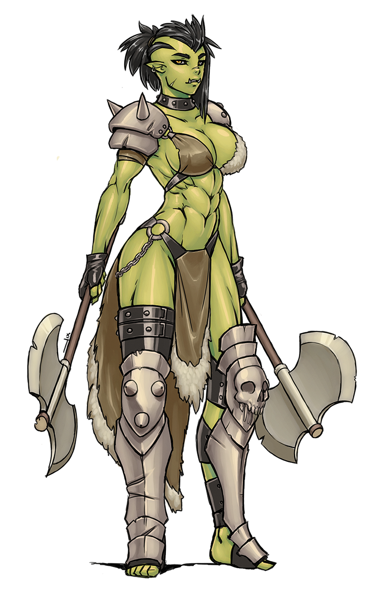 abs athletic axe battle_axe black_hair breasts clothed clothing dual_wielding female fingerless_gloves gloves green_skin hair hi_res holding_object holding_weapon humanoid loincloth looking_at_viewer luigiix medium_breasts melee_weapon orc pointy_ears shoulder_pads solo studded_collar tusks weapon yellow_eyes