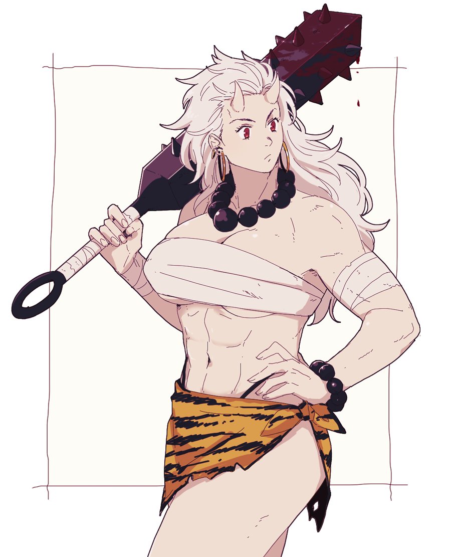 1girl abs animal_print bandage bandaged_arm bandages beads blood bloody_weapon bracelet club dorohedoro dripping earrings hair_slicked_back hand_on_hip holding holding_weapon hoop_earrings horns jewelry loincloth looking_to_the_side medium_hair muscle muscular_female mushisotisis navel necklace noi_(dorohedoro) oni prayer_beads red_eyes scratches simple_background solo spiked_club standing thong tiger_print torn_clothes weapon white_background white_hair