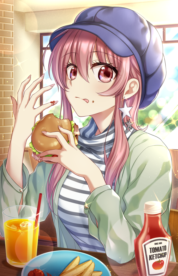 1girl :q blue_headwear drinking_straw earrings eyebrows_visible_through_hair food glass green_jacket hair_between_eyes hamburger holding holding_food indoors jacket jewelry ketchup ketchup_bottle lens_flare long_hair long_sleeves looking_at_viewer meigo_arisa nina_(pastime) open_clothes open_jacket pink_hair red_eyes shirt sitting solo star star_earrings striped striped_shirt to_aru_majutsu_no_index to_aru_majutsu_no_index:_endymion_no_kiseki tongue tongue_out turtleneck upper_body