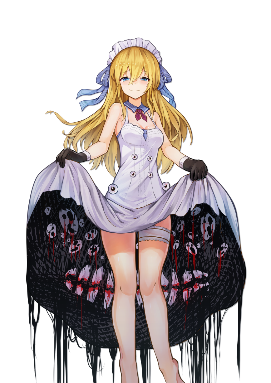 1girl alice_in_wonderland bare_shoulders blonde_hair blood blue_eyes blush breasts dress dress_lift gloves highres long_hair looking_at_viewer maid_headdress medium_breasts se-u-ra smile solo standing tagme what