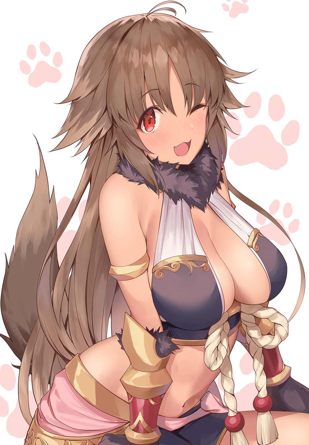 1girl :3 ;d antenna_hair bangs bare_shoulders black_skirt blush breasts brown_hair cleavage commentary_request crop_top dark_skin fang fur_collar gauntlets highres kyan_kaori large_breasts long_hair looking_at_viewer midriff navel one_eye_closed open_mouth princess_connect! princess_connect!_re:dive red_eyes rope sitting skirt smile solo stomach tail very_long_hair yaman