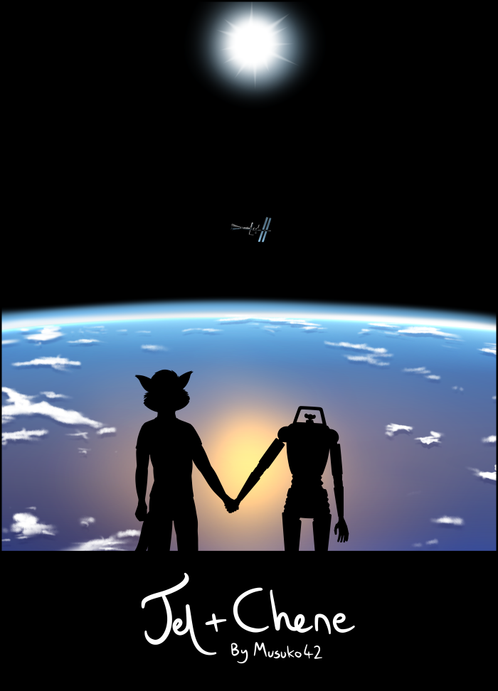 2017 anthro chene_(musuko42) comic cover cover_page digital_media_(artwork) duo english_text felid feline felis hand_holding jel_(musuko42) machine male male/male mammal musuko42 outside planet power_armor roden silhouette size_difference space space_station standing text