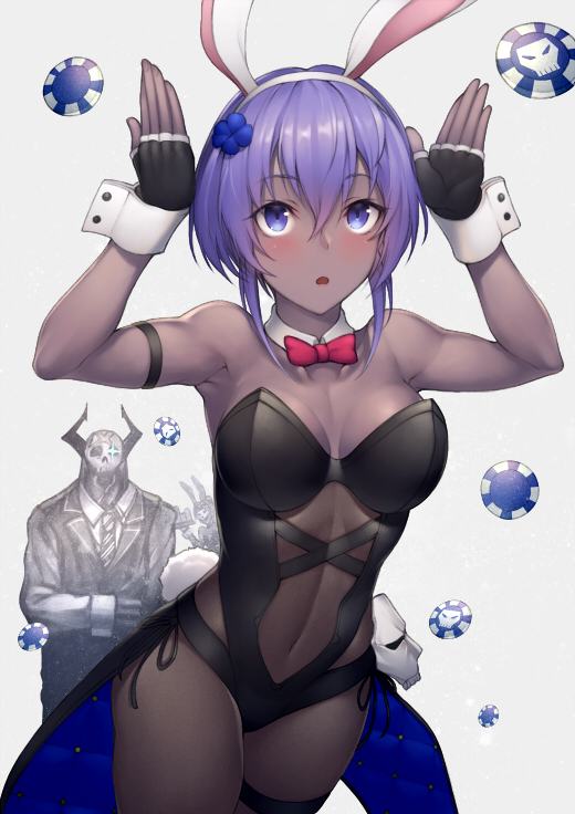 1boy 2girls :o animal_ears arm_strap armpits arms_up bangs banned_artist bare_shoulders black_gloves black_leotard black_neckwear blue_eyes blush bodystocking bow bowtie breasts bunny_ears character_request cleavage coattails collarbone covered_navel cowboy_shot detached_collar eyebrows_visible_through_hair fate/grand_order fate_(series) fingerless_gloves formal gloves grey_background hair_between_eyes hair_ornament hairband hassan_of_serenity_(fate) horns kyoeiki leotard looking_back mask medium_breasts multiple_girls necktie parted_bangs poker_chip purple_hair red_bow red_neckwear short_hair simple_background solo_focus sparkling_eyes suit thigh_strap white_hairband