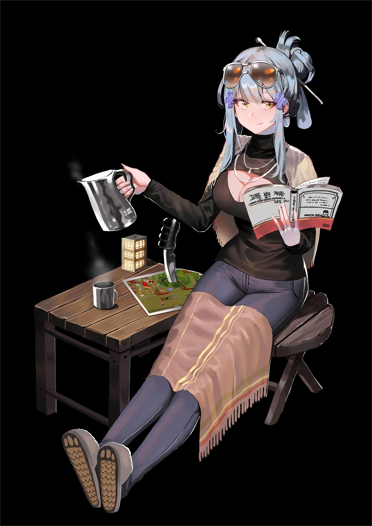 1girl alternate_costume alternate_hairstyle black_background blue_hair book breasts cleavage cleavage_cutout coffee combat_knife cup denim eyewear_on_head girls_frontline green_eyes hair_ornament hair_stick highres hk416_(girls_frontline) ihobus jeans jewelry kettle knife korean_text large_breasts map necklace pants shawl smile solo stool sunglasses table tied_hair weapon