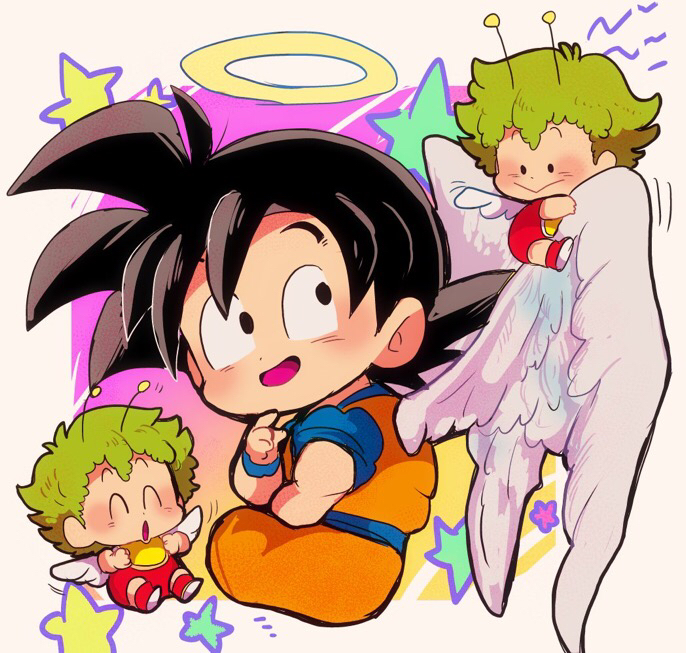 3boys :&gt; :d ^_^ angel_wings antennae beige_background black_eyes black_hair chibi closed_eyes creator_connection crossover dougi dr._slump dragon_ball dragonball_z eyes_closed feathered_wings halo looking_back male_focus motunabe707070 multiple_boys norimaki_gajira open_mouth simple_background smile son_gokuu spiked_hair star starry_background wings