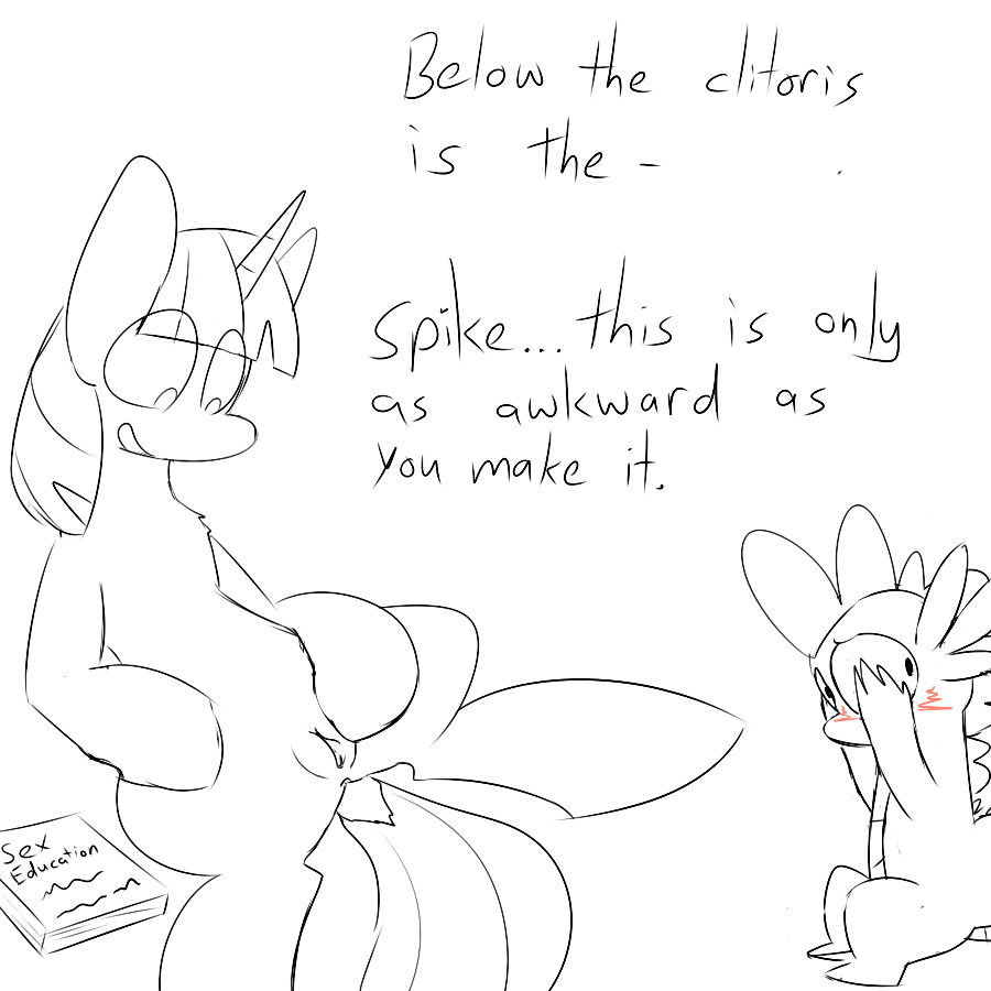 2015 anus aquestionableponyblog black_and_white blush book child dialogue dragon duo equid female feral friendship_is_magic horn looking_at_genitals looking_away mammal monochrome my_little_pony pussy semi-anthro sex_education simple_background spike_(mlp) spread_pussy spreading twilight_sparkle_(mlp) unicorn young
