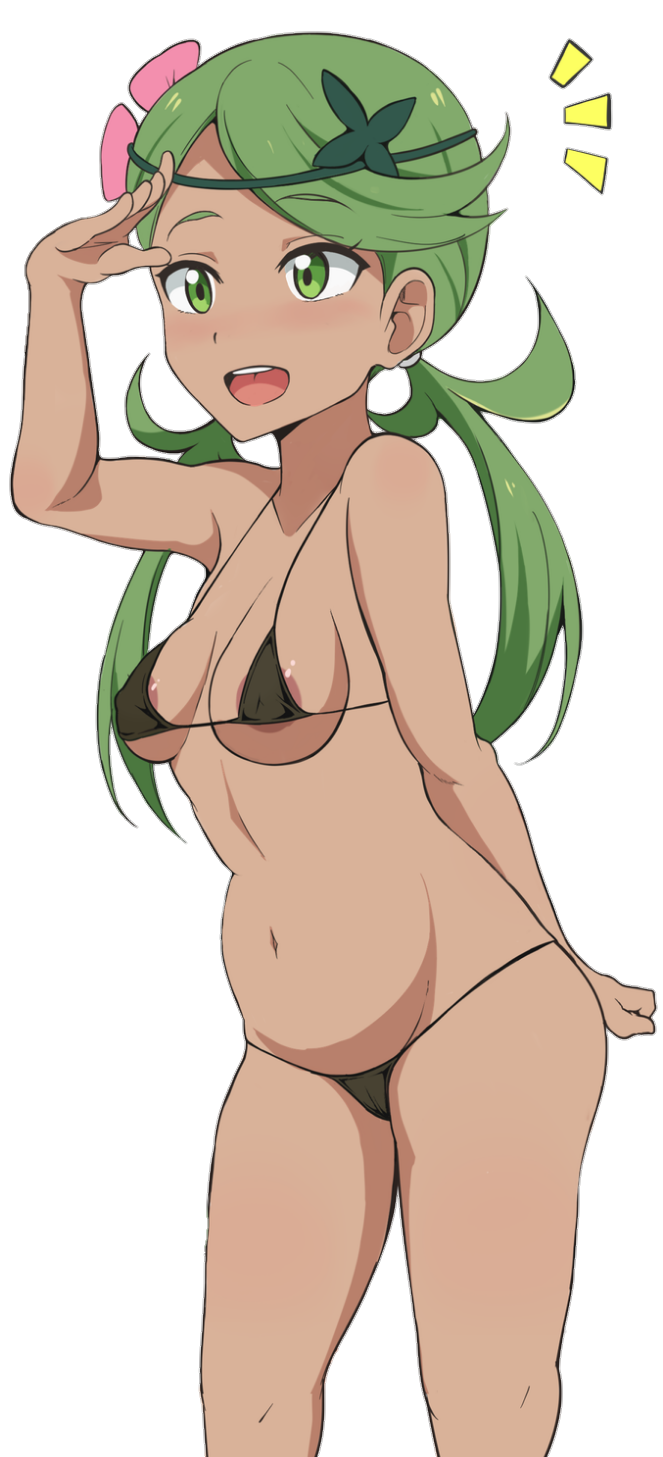 1girl belly bikini breasts creatures_(company) eyebrows game_freak green_eyes green_hair highres long_hair mao_(pokemon) matching_hair/eyes nintendo open_mouth pokemon pokemon_(game) pokemon_sm smile stomach swimsuit transparent_background twintails verseir_001