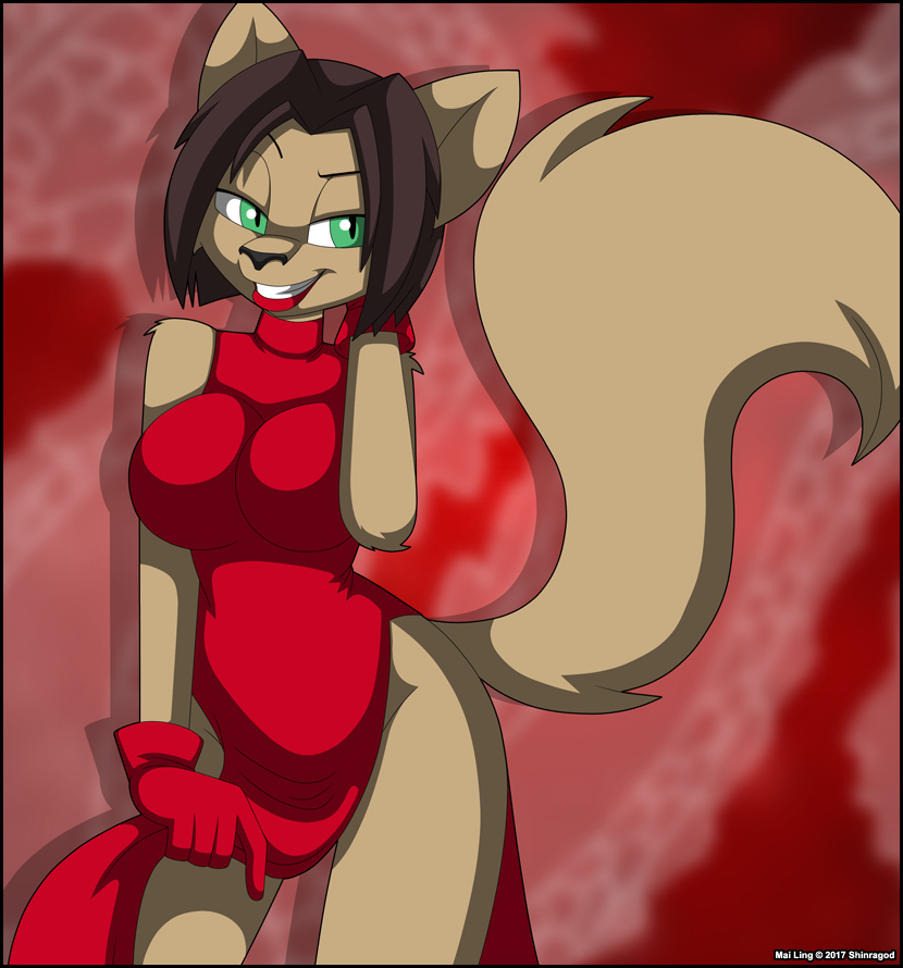 2017 anthro big_breasts big_ears big_tail breasts brown_hair clothed clothing domestic_cat dress felid feline felis female fur gloves green_eyes grin hair lipstick makeup mammal red_background red_dress red_gloves shinragod simple_background sly_cooper_(series) smile solo tagme verona7881 video_games