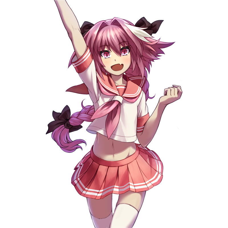 1boy :d androgynous arm_up astolfo_(fate) black_bow bow braid braided_ponytail eyebrows_visible_through_hair fate/apocrypha fate_(series) floating_hair hair_between_eyes hair_bow inugoya long_hair looking_at_viewer male_focus midriff miniskirt navel open_mouth pink_eyes pink_hair pink_neckwear pink_skirt pleated_skirt red_sailor_collar sailor_collar school_uniform serafuku shirt short_sleeves simple_background single_braid skirt smile solo stomach thighhighs trap very_long_hair white_background white_legwear white_shirt zettai_ryouiki