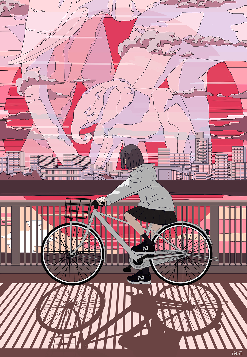 1girl animal bicycle black_skirt bridge brown_hair building cityscape cloud commentary_request elephant from_side ground_vehicle highres hood hood_down hoodie looking_to_the_side original oversized_animal pleated_skirt railing red_theme scenery seraphitalg shadow shoes short_hair skirt skyline sneakers solo