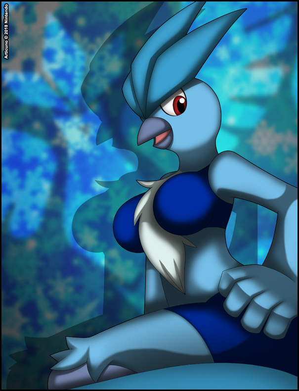 2018 5_fingers articuno avian beak bird blue_feathers breasts chest_tuft clothed clothing feathers female legendary_pok&eacute;mon nintendo open_mouth pok&eacute;mon pok&eacute;mon_(species) red_eyes simple_background solo tuft verona7881 video_games