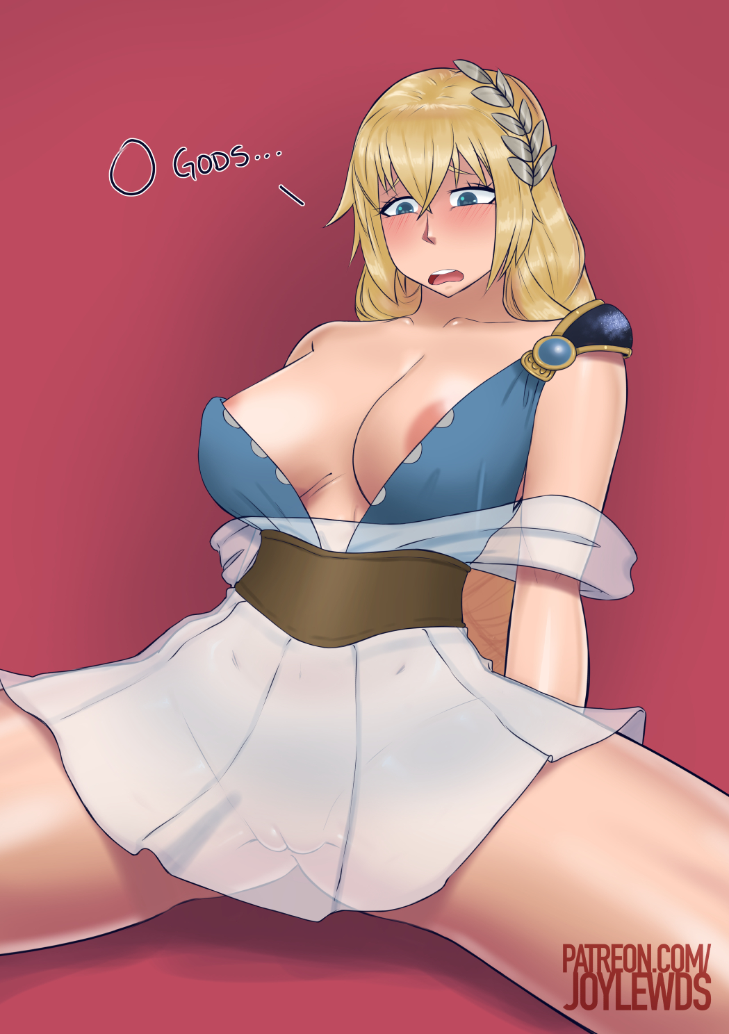 areola_slip areolae blonde_hair breasts cleavage dress highres joylewds large_breasts namco pussy see-through sitting solo sophitia_alexandra soul_calibur tagme uncensored