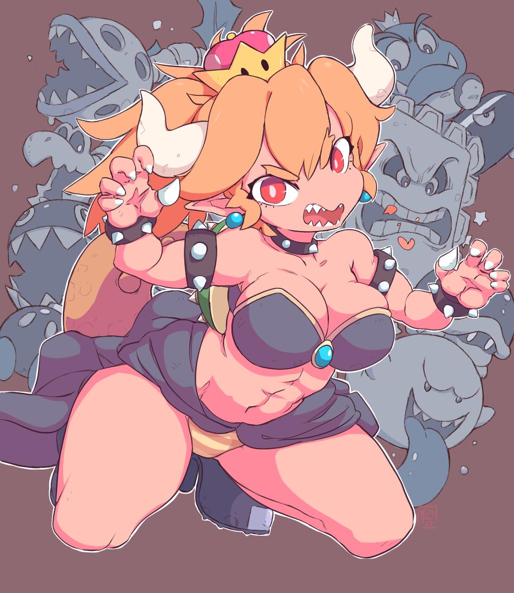 1girl abs armlet artist_name bangs bare_shoulders black_footwear blonde_hair bob-omb boo bowsette bracelet breasts bullet_bill buzzy_beetle chain_chomp claw_pose claws cleavage closed_mouth collar collarbone crown dry_bones earrings fangs female full_body gem goomba hands_up heart high_heels horns jewelry jpeg_artifacts kneeling large_breasts looking_at_viewer mario_(series) mini_crown navel new_super_mario_bros._u_deluxe open_mouth orange_panties outline panties piranha_plant pointy_ears ponytail red_eyes sharp_teeth shoes signature smile solo_focus spiked_bracelet spiked_collar spikes star starmilk strapless striped striped_panties super_crown tail teeth thwomp tied_hair tongue tongue_out tubetop turtle_shell underwear white_outline