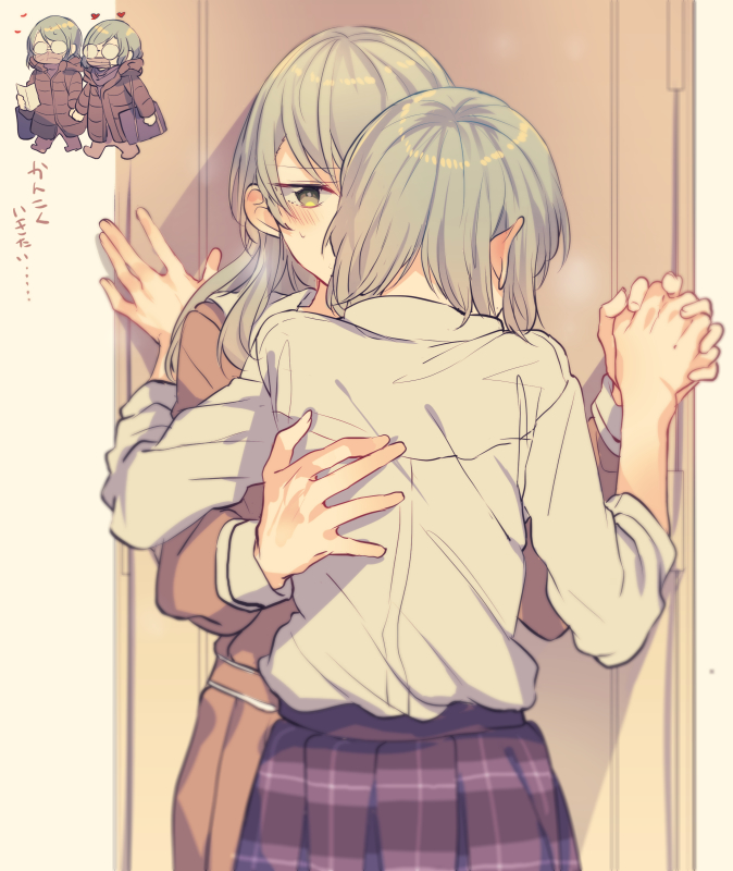 2girls aqua_hair bang_dream! bangs blush brown_shirt brown_skirt chibi chibi_inset coat cowboy_shot door eyebrows_visible_through_hair hand_holding hikawa_hina hikawa_sayo incest interlocked_fingers long_hair mikan-uji multiple_girls purple_skirt school_uniform shirt short_hair siblings skirt twincest twins white_shirt yellow_eyes yuri