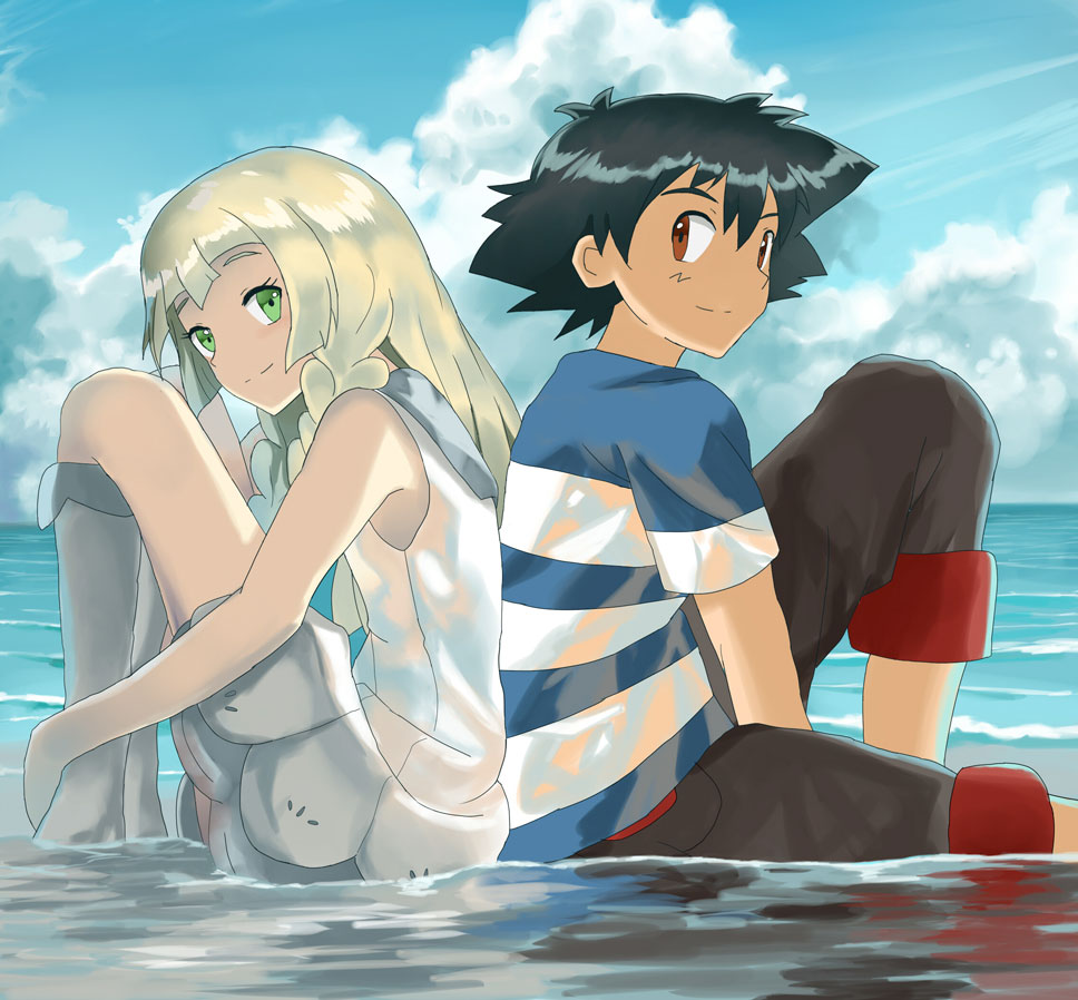 1boy 1girl back-to-back beach blonde_hair boots brown_eyes cloud commentary creatures_(company) dress game_freak green_eyes happy horizon knee_boots knees_to_chest kuriyama lillie_(pokemon) looking_to_the_side nintendo ocean pants pants_rolled_up pokemon pokemon_(anime) pokemon_sm_(anime) satoshi_(pokemon) side_braids sitting sky sleeveless sleeveless_dress smile tan wading water white_dress