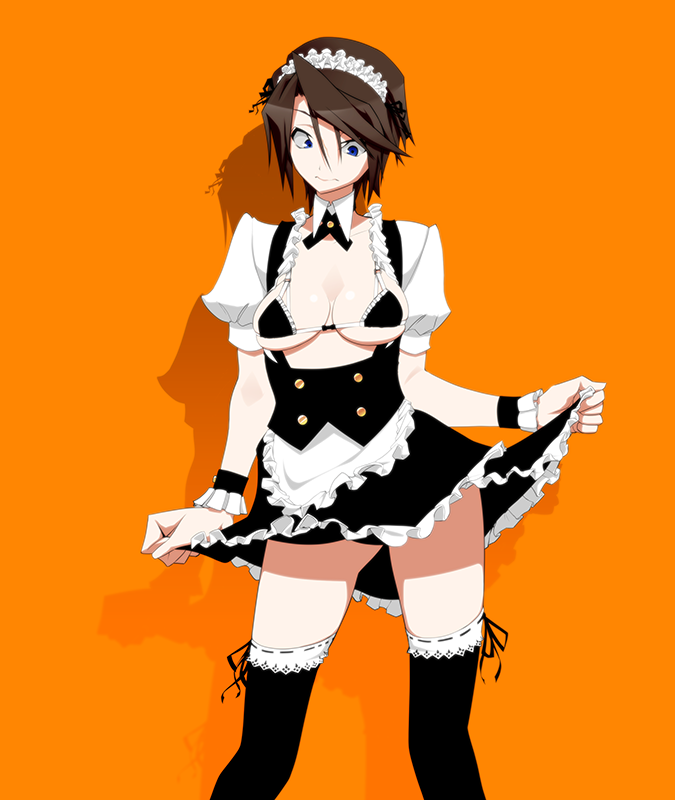 1girl apron asurin blue_eyes blush breasts brown_hair cleavage commentary_request final_fantasy final_fantasy_viii genderswap genderswap_(mtf) large_breasts maid maid_apron medium_breasts miniskirt scar short_hair skirt solo squall_leonhart swimsuit