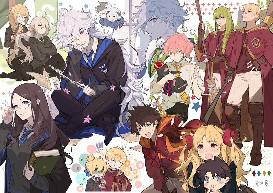 !! 6+boys 6+girls ;p ahoge animal arthur_pendragon_(fate) artoria_pendragon_(all) black_hair blonde_hair blue_eyes blue_ribbon blush book braid braided_ponytail breasts broom broom_riding brown_hair brush brynhildr_(fate) closed_mouth commentary crossover crown crying crying_with_eyes_open cup eating edmond_dantes_(fate/grand_order) english_commentary enkidu_(fate/strange_fake) ereshkigal_(fate/grand_order) eyebrows_visible_through_hair eyes_closed fate/grand_order fate_(series) flower flowerchorus french_braid fujimaru_ritsuka_(male) gilgamesh glasses green_eyes green_hair gryffindor hair_between_eyes hair_brush hair_brushing hair_ornament hair_ribbon harry_potter heart hogwarts_school_uniform holding holding_animal holding_book holding_broom holding_cup holding_wand hufflepuff jeanne_d'arc_(alter)_(fate) jeanne_d'arc_(fate) jeanne_d'arc_(fate)_(all) leonardo_da_vinci_(fate/grand_order) long_hair medium_breasts merlin_(fate) mug multicolored_hair multiple_boys multiple_girls necktie one_eye_closed open_eyes open_mouth orange_hair petals platypus ponytail purple_eyes quidditch ravenclaw red_eyes red_ribbon ribbon romani_archaman saber scarf school_uniform shared_scarf short_hair sigurd_(fate/grand_order) silver_hair single_braid sitting slytherin smile spiked_hair stuffed_toy tears tongue tongue_out twintails very_long_hair wand white_hair white_ribbon wing_hair_ornament yellow_eyes
