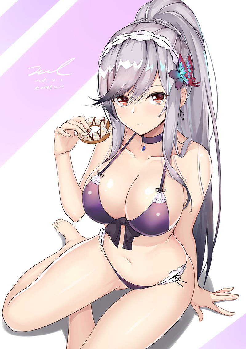 1girl arm_at_side arm_support azur_lane barefoot bikini braid breasts butterfly_hair_ornament choker cleavage closed_mouth collarbone dated doughnut dunkerque_(azur_lane) earrings expressionless eyebrows_visible_through_hair food front-tie_bikini front-tie_top gluteal_fold hair_ornament hairband jewelry large_breasts lolita_hairband long_hair looking_at_viewer navel ponytail purple_bikini red_eyes shadow sidelocks signature silver_hair sitting solo stomach swimsuit thighs twitter_username unel very_long_hair yokozuwari