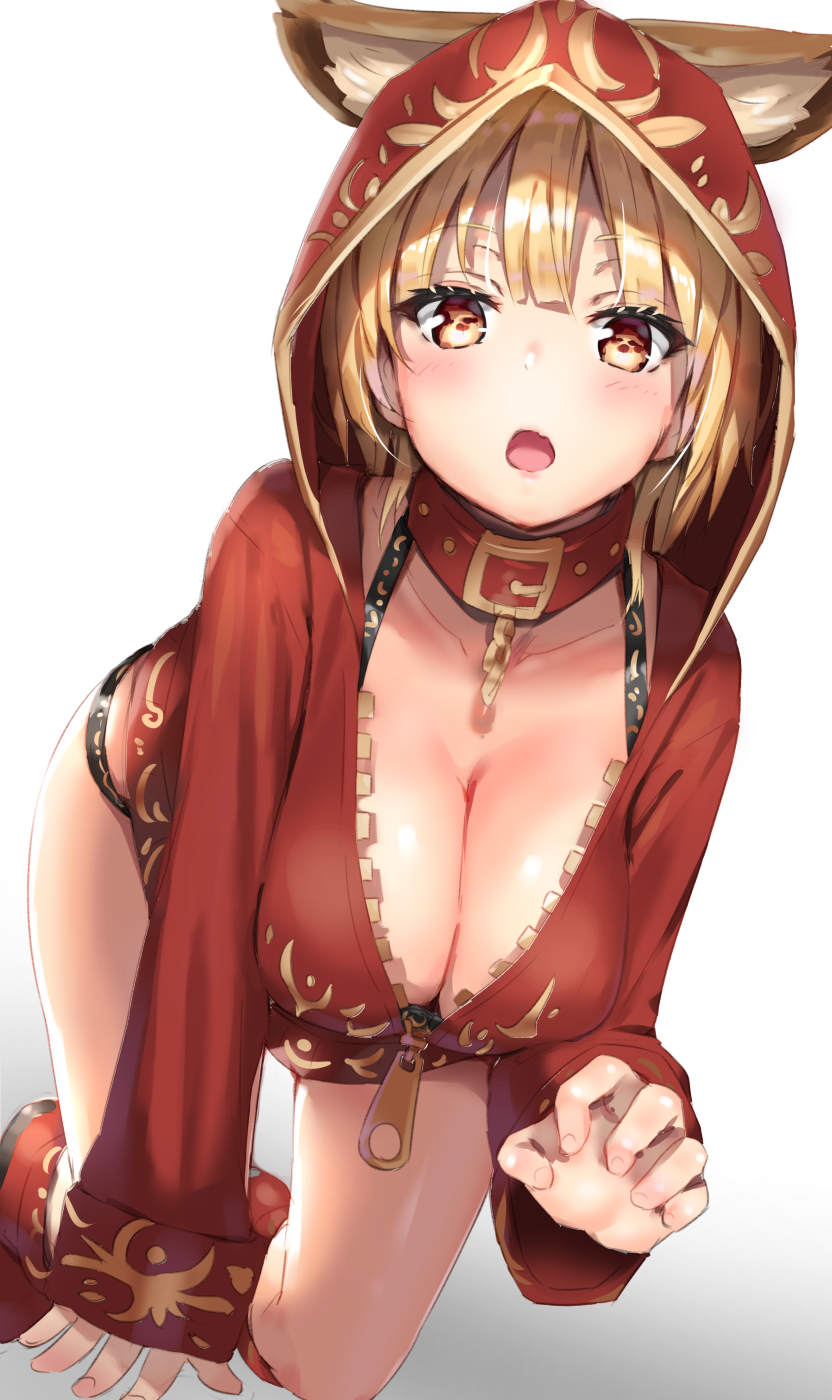 1girl :o all_fours animal_ears belt_buckle blonde_hair blush boots breasts brown_eyes buckle chains claw_pose cleavage collar collarbone highres hood hooded_jacket jacket large_breasts long_sleeves looking_at_viewer open_mouth original red_footwear red_jacket reinama shadow short_hair simple_background sleeves_past_wrists solo thighs white_background zipper zipper_pull_tab