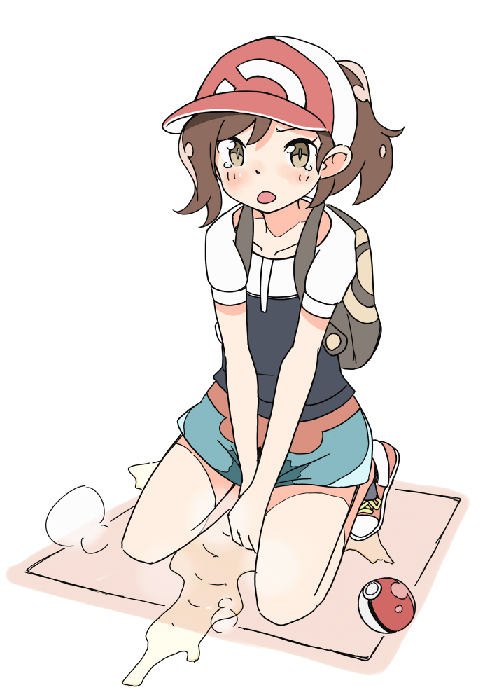 1girl aqua_shorts ayumi_(pokemon) backpack bag baseball_cap between_legs black_shirt blush brown_eyes brown_hair collarbone creatures_(company) embarrassed female flat_chest game_freak hand_between_legs hands_together hat hinahizu kneeling looking_at_viewer nintendo open_mouth peeing peeing_self poke_ball poke_ball_(generic) poke_ball_theme pokemon pokemon_(game) pokemon_lgpe puddle red_footwear red_headwear shiny shiny_hair shirt shoes short_hair short_shorts short_sleeves shorts simple_background solo steam tears v_arms wet wet_clothes white_background