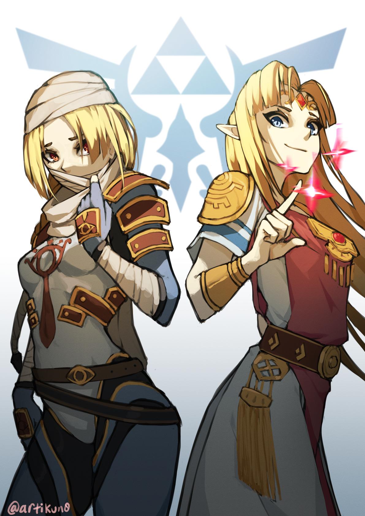 2girls bandage bangs blonde_hair blue_eyes blush bracer braid breasts circlet dark_skin dual_persona earrings eyebrows_visible_through_hair forehead_jewel gloves hat highres jewelry kuno_(runkunochan) long_hair looking_at_viewer mask multiple_girls nintendo pointy_ears ponytail princess_zelda red_eyes sheik short_hair simple_background smile super_smash_bros. super_smash_bros._ultimate surcoat the_legend_of_zelda the_legend_of_zelda:_a_link_between_worlds the_legend_of_zelda:_ocarina_of_time tiara triforce tunic turban