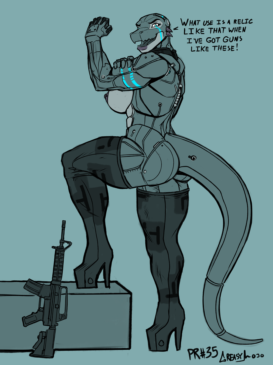 2018 abs android anthro assault_rifle bald biceps big_breasts big_lips breasts butt clothed clothing collar dialogue digital_media_(artwork) english_text female flexing footwear greasymojo gun hand_on_arm hi_res high_heels horn legwear lips looking_at_viewer machine mostly_nude muscular muscular_female nipples open_mouth pinup platform_footwear platform_heels pose proud ranged_weapon reptile rifle robot scalie shoes simple_background solo standing step_pose tattoo teeth text thick_thighs thigh_highs tongue trenco viktura_(beyxer) weapon