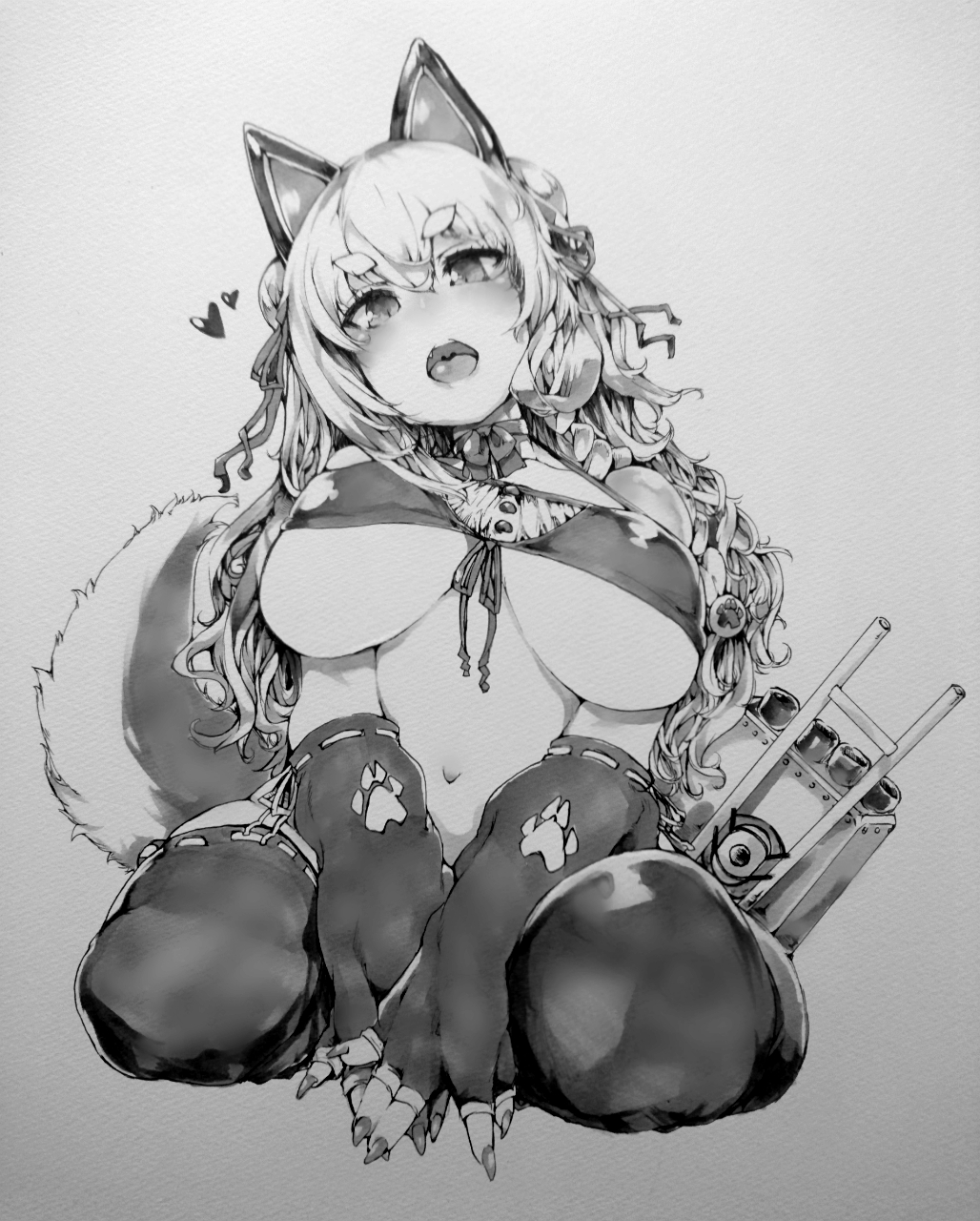 1girl animal_ears azur_lane between_legs breasts buck_teeth choker commentary_request curly_hair eyebrows eyebrows_visible_through_hair fang fingerless_gloves fingernails gloves hair_ribbon hand_between_legs heart highres kneeling large_breasts long_hair nail_polish navel open_mouth paw_print ribbon sabusupi swimsuit tagme tail thick_eyebrows thighhighs yuudachi_(azur_lane)