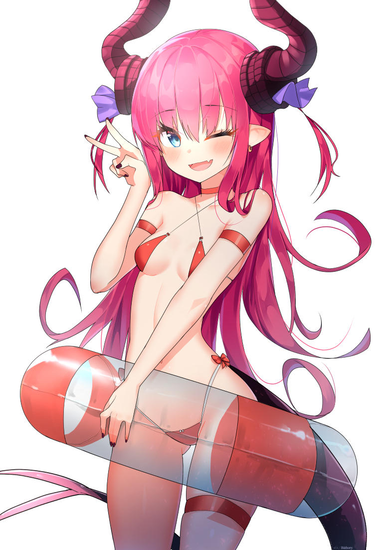 1girl ;d bangs bare_shoulders bikini black_nails blue_eyes blush bow breasts choker collarbone commentary criss-cross_halter curled_horns dragon_girl dragon_horns dragon_tail earrings elizabeth_bathory_(fate) elizabeth_bathory_(fate)_(all) eyebrows_visible_through_hair fang fate/extra fate/extra_ccc fate_(series) fingernails gluteal_fold hair_between_eyes hair_ribbon halterneck hand_up highleg highleg_bikini horns innertube jewelry long_hair nail_polish navel one_eye_closed open_mouth pink_hair pointy_ears purple_ribbon red_bikini red_bow red_choker ribbon simple_background skindentation small_breasts smile solo swimsuit symbol_commentary tail thigh_strap transparent two_side_up v very_long_hair w.k white_background