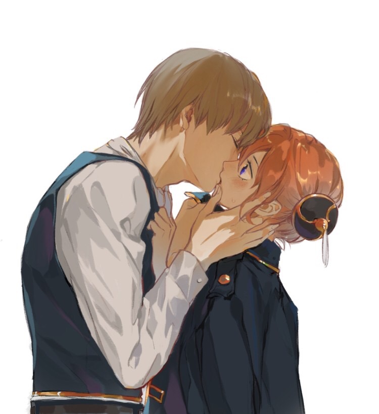 1boy 1girl blue_eyes blush brown_hair bun_cover commentary couple eyes_closed gintama hair_bun hands_on_another's_face hetero jacket_on_shoulders kagura_(gintama) kiss loli_bushi okita_sougo orange_hair white_background