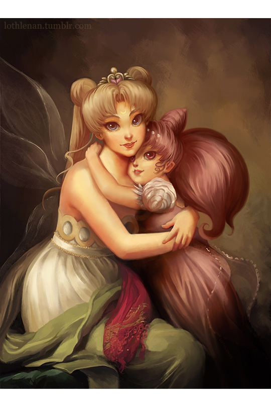 2girls andrea_tamme arms_around_neck back_bow bangs bare_shoulders bishoujo_senshi_sailor_moon blonde_hair blue_eyes bow brown_background chibi_usa commentary crescent double_bun dress english_commentary facial_mark fine_art_parody forehead_mark hug long_hair looking_at_viewer mother_and_daughter multiple_girls neo_queen_serenity parody parted_bangs pink_dress pink_eyes pink_hair puffy_short_sleeves puffy_sleeves short_sleeves sitting small_lady_serenity smile strapless strapless_dress tiara tsukino_usagi twintails very_long_hair watermark web_address white_dress