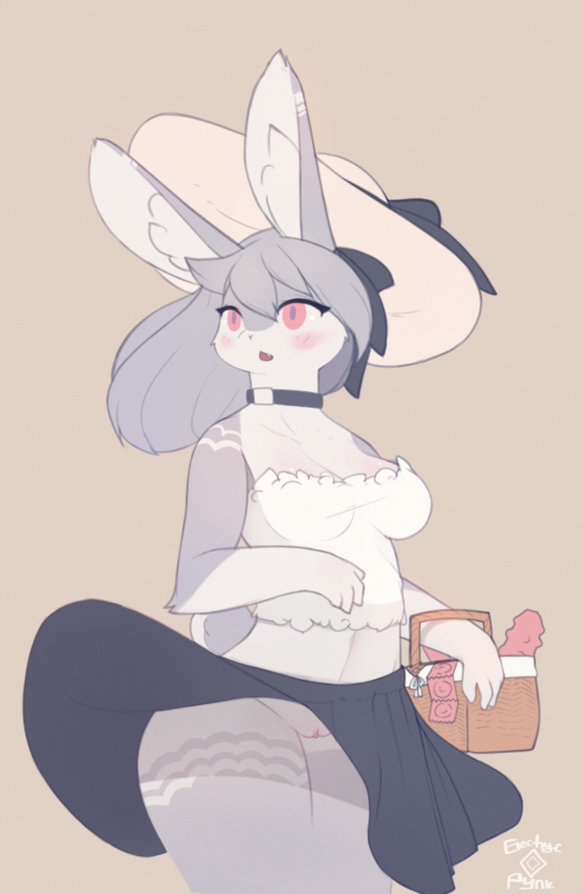 2019 4_fingers anthro basket blush breasts choker clothing condom countershading cute_fangs digital_media_(artwork) dildo electrycpynk female fur gloves_(marking) grey_fur grey_hair hair hat hi_res inner_ear_fluff lagomorph mammal markings midriff multicolored_fur navel open_mouth picnic_basket pink_eyes pussy rabbit ribbons sex_toy signature simple_background skirt solo white_countershading wind_lift