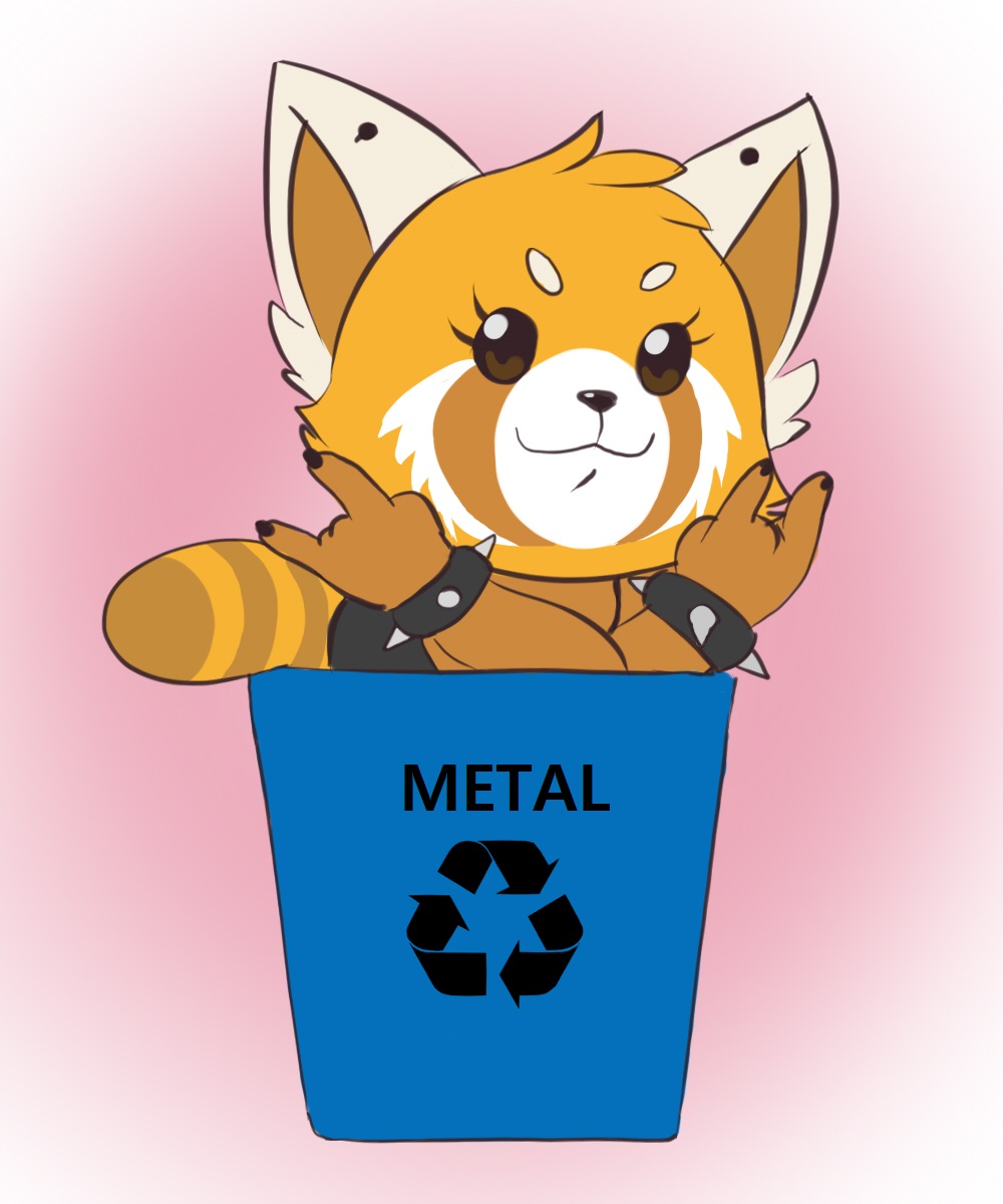 2019 aggressive_retsuko ailurid anthro digital_media_(artwork) ear_piercing english_text eyelashes female hi_res mammal piercing red_panda retsuko sanrio shinsuke smile solo text trash_can